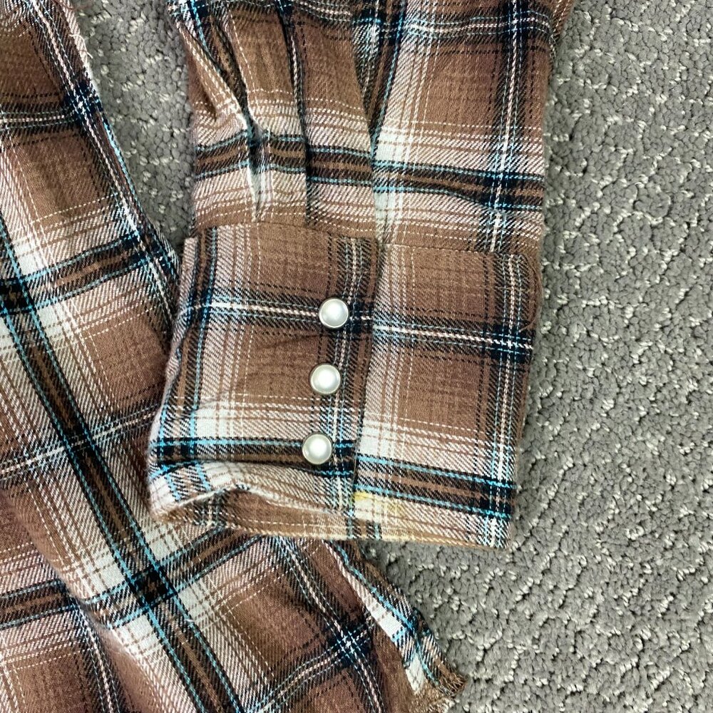 Vintage Wrangler Pearl Snap Flannel Shirt Men's XL Brown Check Plaid Wester - Picture 3 of 11